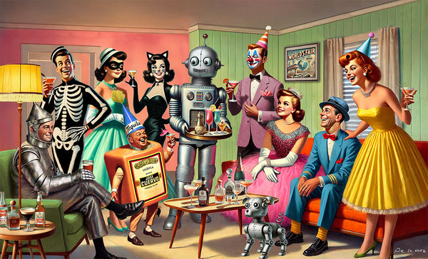 King of Pop Art Nelson De La Nuez Cheers to the Future Print Framed Signed Costume Party Drinks Futuristic Robots