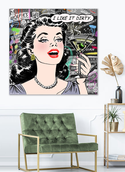 king of pop art nelson de la nuez dirty girl framed mixed media martini vodka olive cocktail bar drink