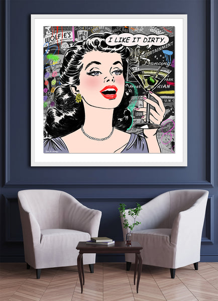 king of pop art nelson de la nuez dirty girl framed mixed media martini vodka olive cocktail bar drink