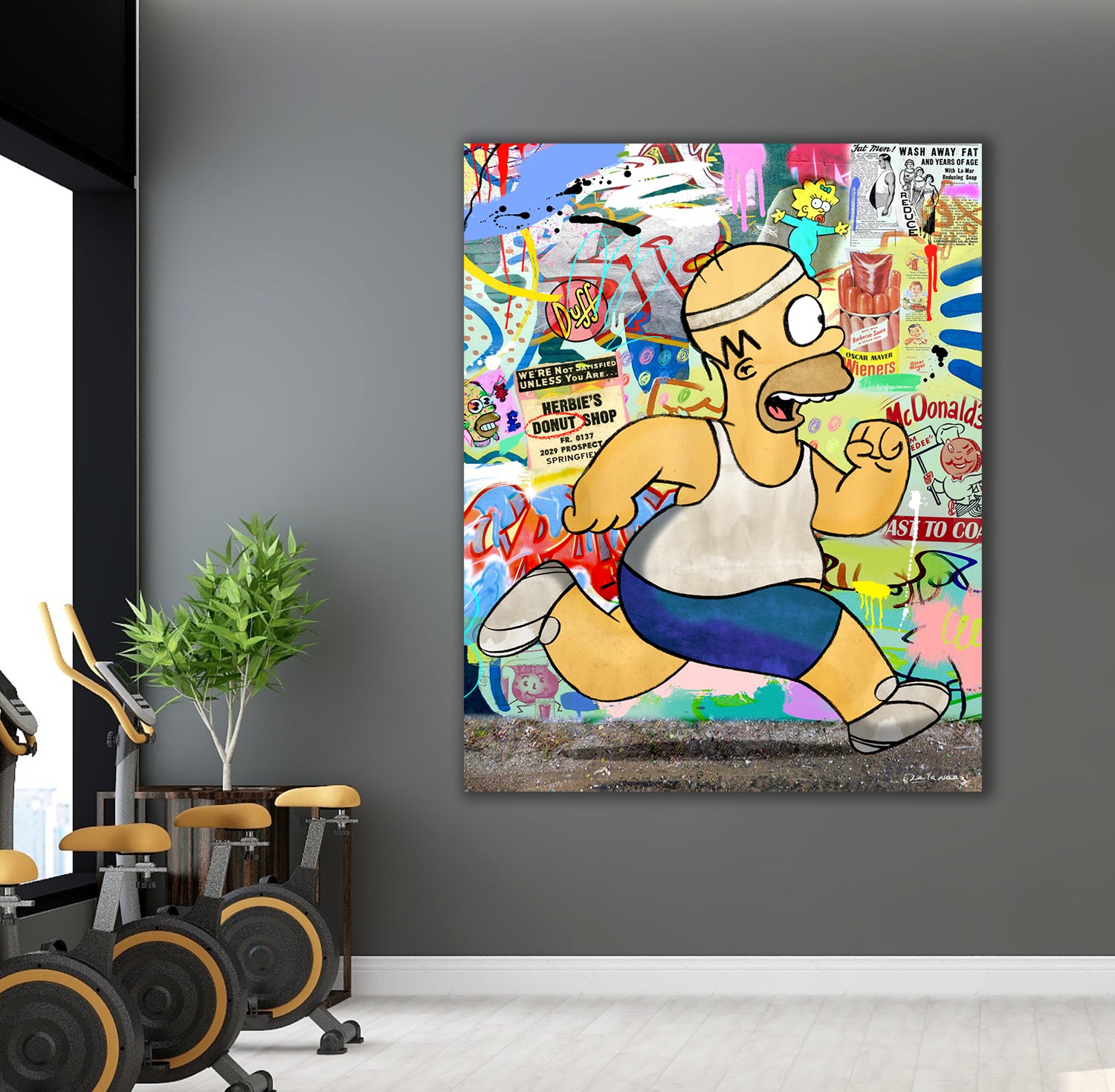 king of pop art nelson de la nuez fast food run mixed media homer simpson exercise jogging cake dessert