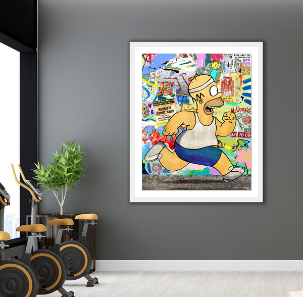 king of pop art nelson de la nuez fast food run mixed media homer simpson exercise jogging cake dessert