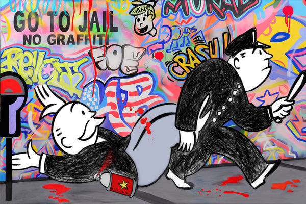king of pop art nelson de la nuez go to jail no graffiti street art monopoly mr. penneybags