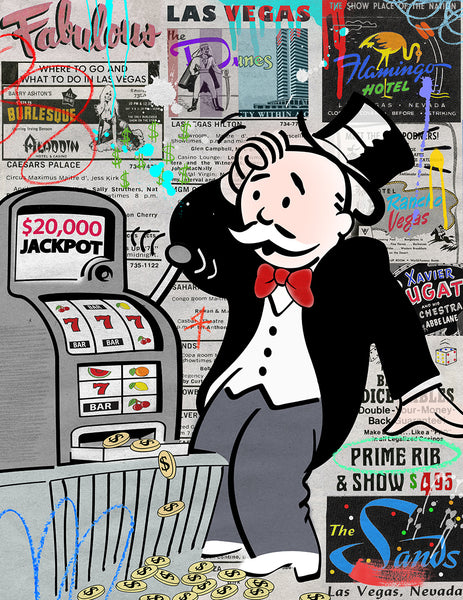 king of pop art nelson de la nuez hit the jackpot print las vegas casino gambling monopoly money mr. penneybags