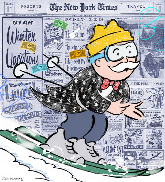 king of pop art nelson de la nuez hit the slopes snow skiing vacation mr. penneybags monopoly winter