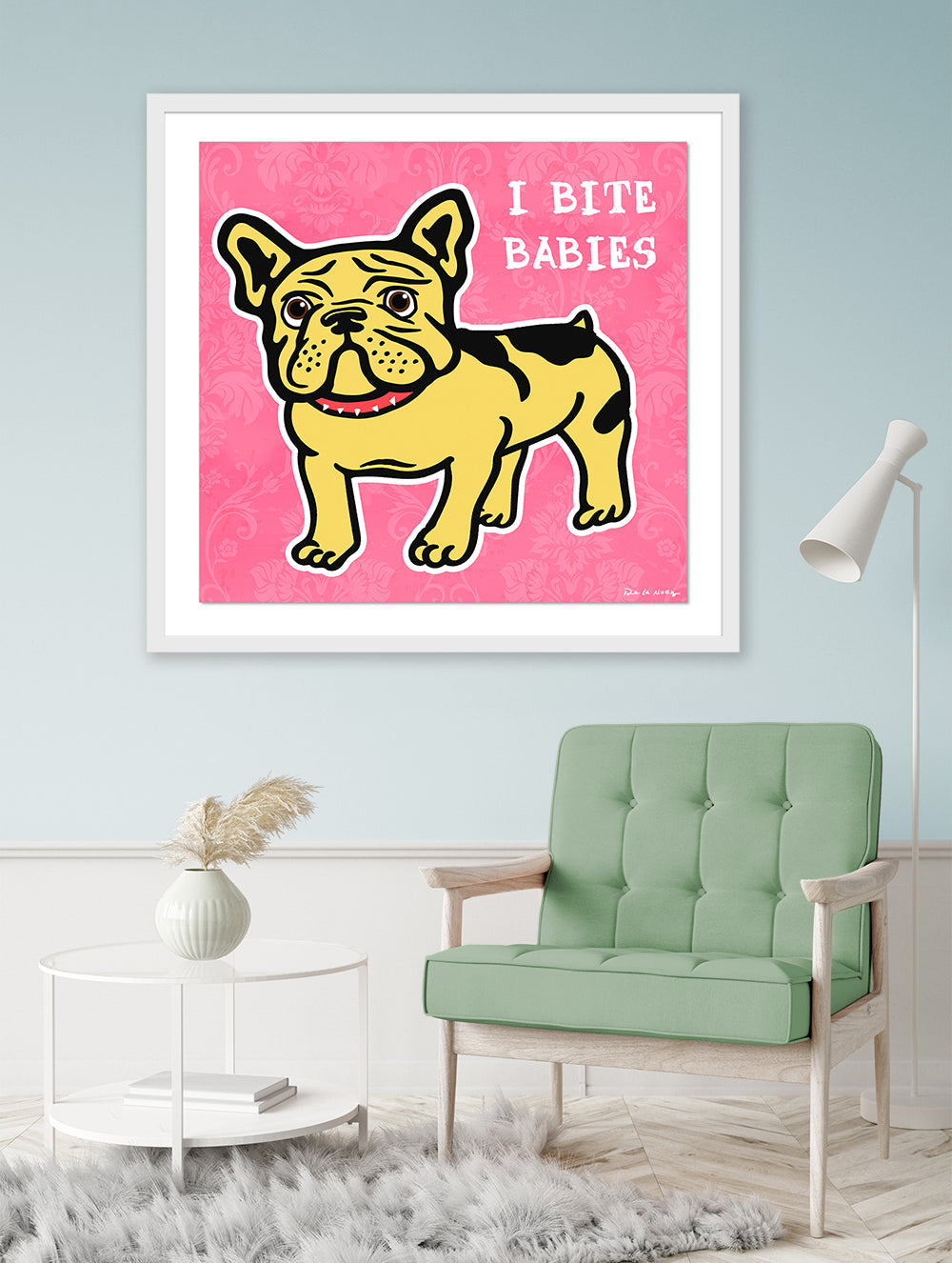 king of pop art nelson de la nuez i bite babies bulldog funny humor frenchie pet bully breed