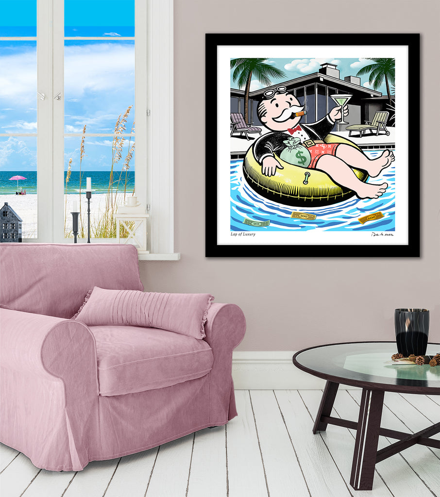 nelson de la nuez pop art contemporary art king of pop art lap of luxury framed print wall street banker money cigar pool day