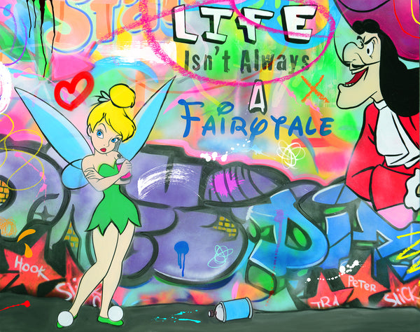 king of pop art nelson de la nuez life isn't always a fairytale print graffiti street art tinkerbell captain hook peter pan humor