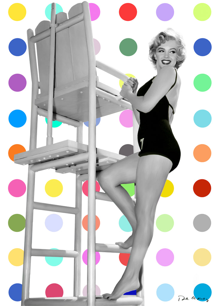 king of pop art nelson de la nuez lifeguard on duty marilyn monroe beach pool polka dots pinup swimming