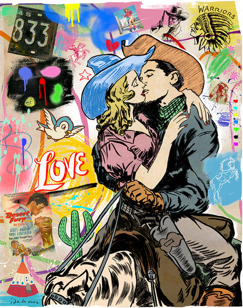king of pop art nelson de la nuez love trails couple romance kiss wild west western desert cowboy cowgirl horses