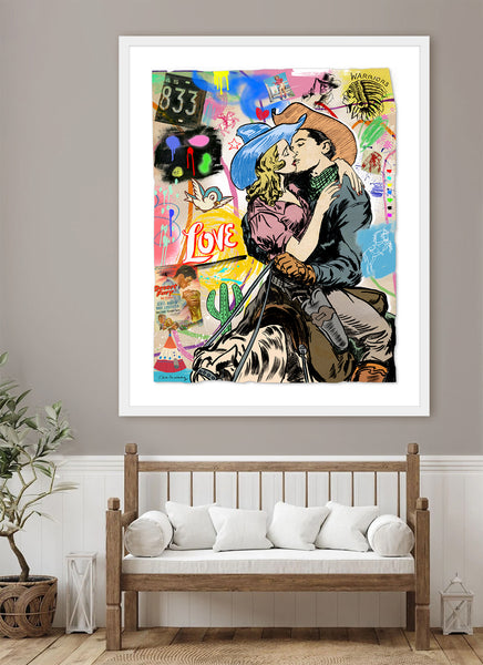 king of pop art nelson de la nuez love trails framed mixed media western cowboy cowgirl couple kiss desert love