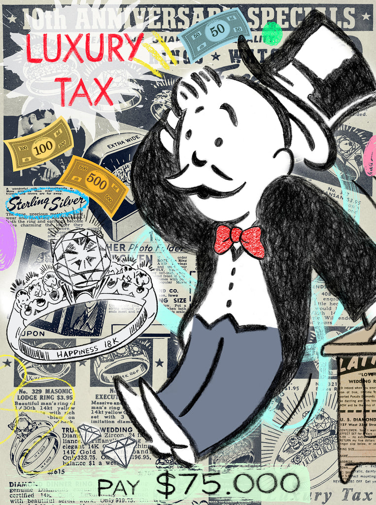 king of pop art nelson de la nuez luxury tax print money monopoly mr. penneybags ring jewelry