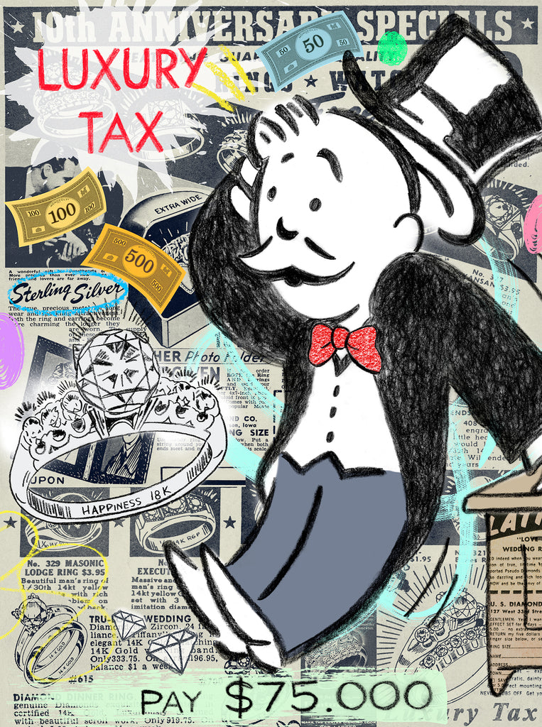 king of pop art nelson de la nuez luxury tax print money monopoly mr. penneybags ring jewelry 