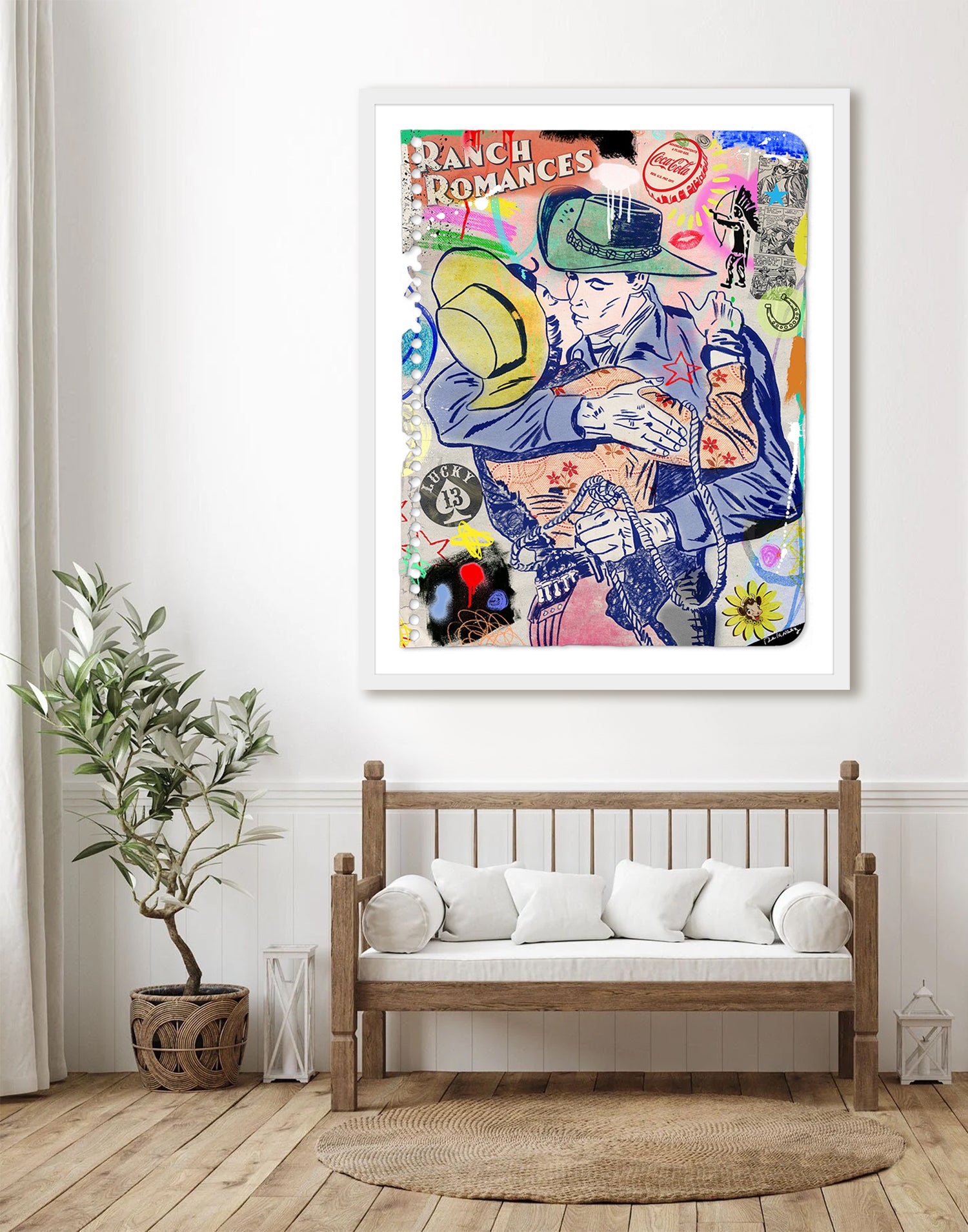 nelson de la nuez king of pop art ranch romance framed mixed media western love couple cowboy cowgirl horses wild west