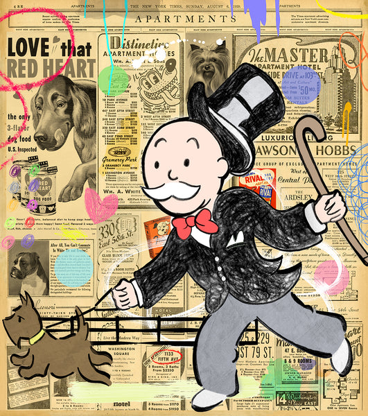 king of pop art nelson de la nuez sunday stroll print dog walking pets monopoly money
