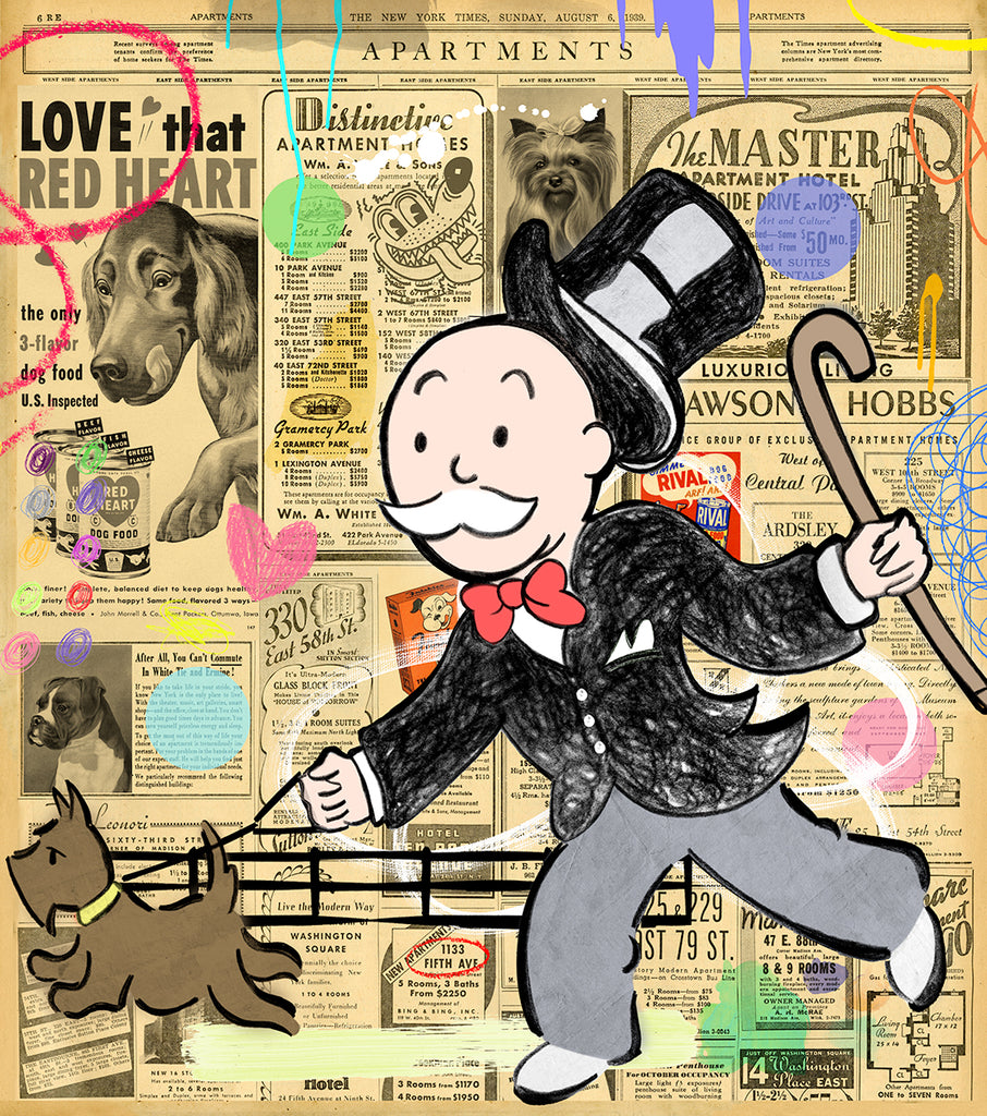 king of pop art nelson de la nuez sunday stroll print dog walking pets monopoly money