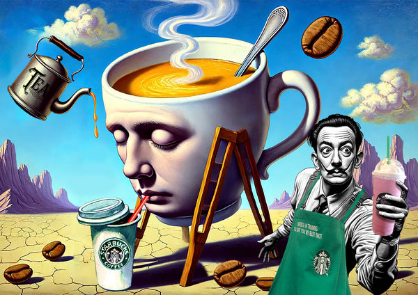 King of Pop Art Nelson De La Nuez - Signed Fine Art Print: Custom Framed or Unframed - The Surreal Caffeinated World Print - Surrealism, Salvador Dali, Caffeine, Coffee, Tea, Starbucks