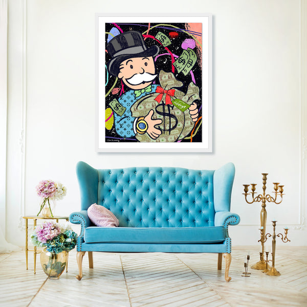 king of pop art nelson de la nuez treat yourself framed mixed media art mr pennybags monopoly board game money finance shopping luxury