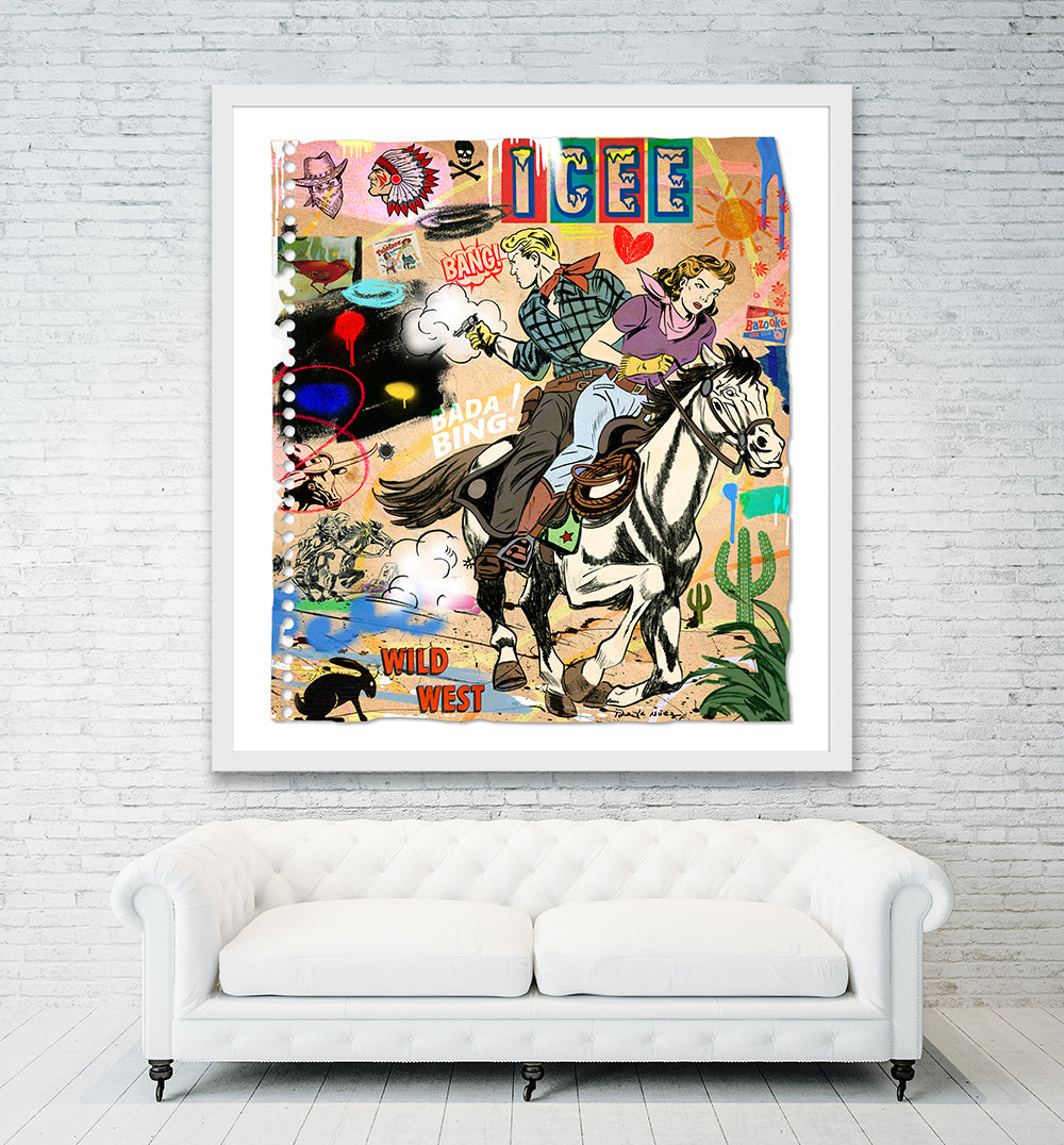king of pop art nelson de la nuez wild wild west framed mixed media western cowboy cowgirl desert