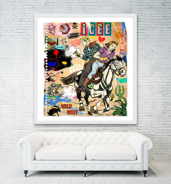 king of pop art nelson de la nuez wild wild west framed mixed media western cowboy cowgirl desert