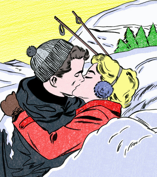 king of pop art nelson de la nuez winter wonderland print skiing snow vacation travel love adventure couple romance kiss