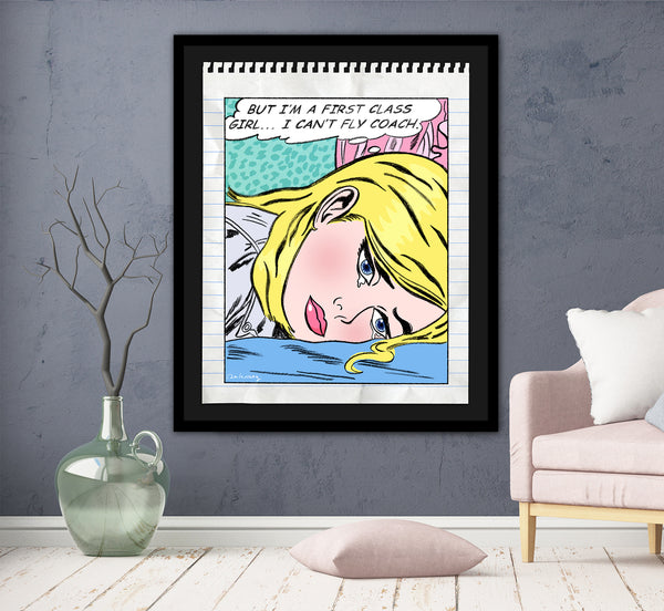king of pop art nelson de la nuez first class girl framed mixed media material girl travel flying airline airplane coach