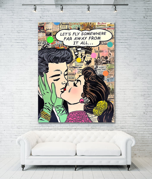 king of pop art nelson de la nuez lets fly away love kiss couple travel brunette material girl