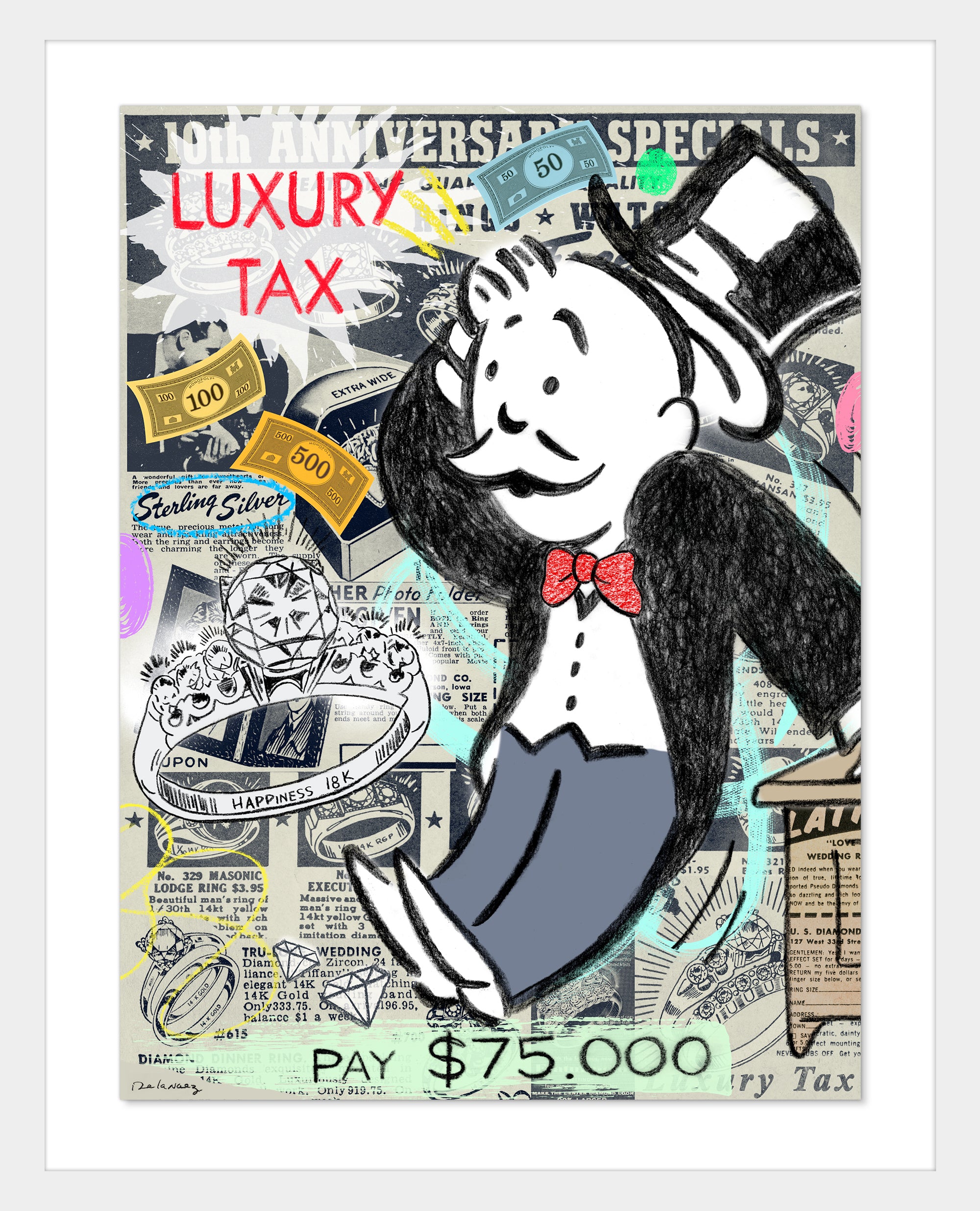 Luxury Tax  Mixed Media Oil Pastel Sketch - FRAMED, Signed