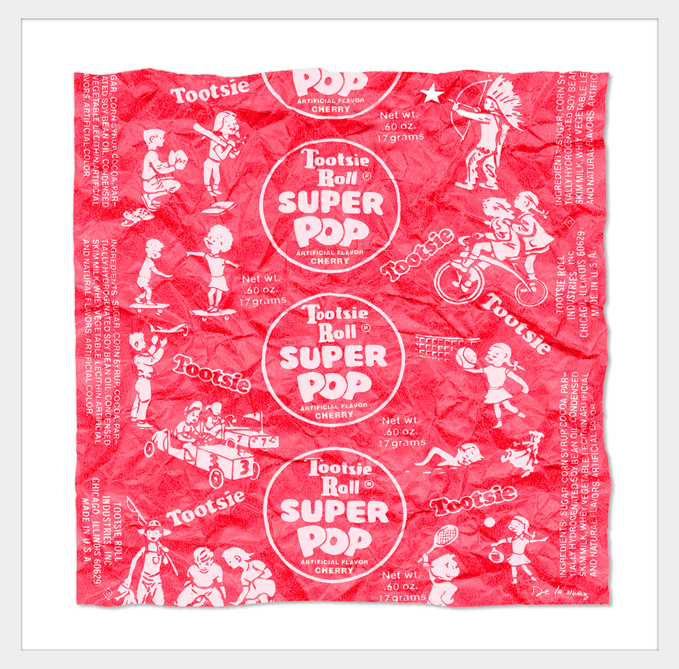 Cherry Tootsie Pop Wrapper - Square Resin Sculpture - FRAMED