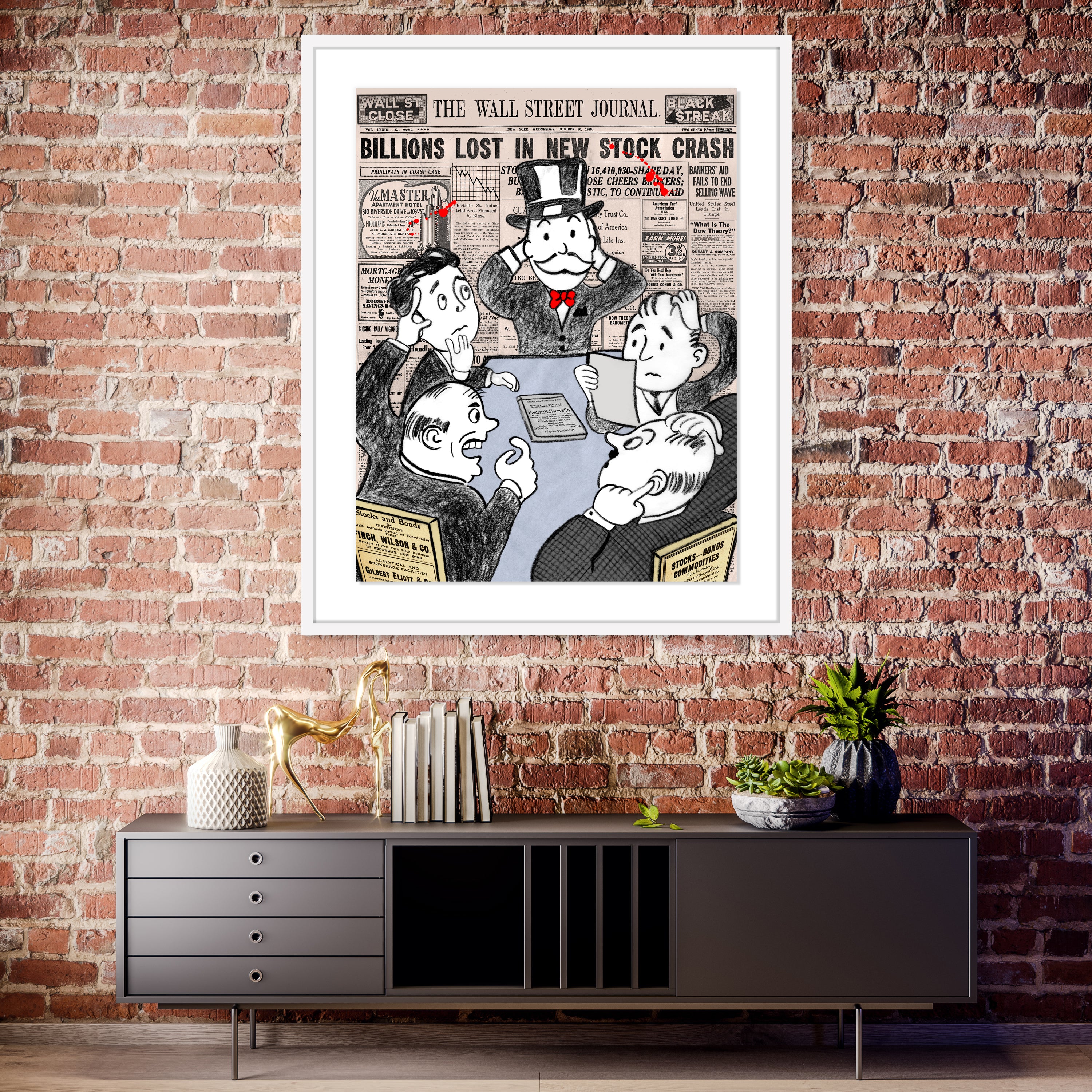 nelson de la nuez king of pop art board room panic wall street stock market sketch framed finance  monopoly