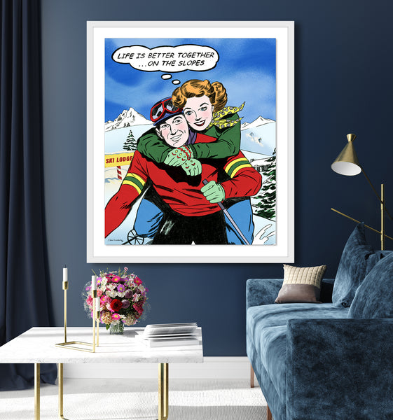 king of pop art nelson de la nuez love on the slopes skiing winter snow couple romance travel
