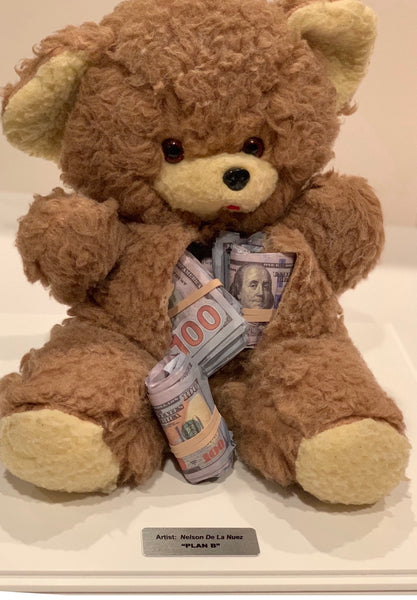 king of pop art nelson de la nuez plan b mixed media sculpture stuffed teddy bear money stash