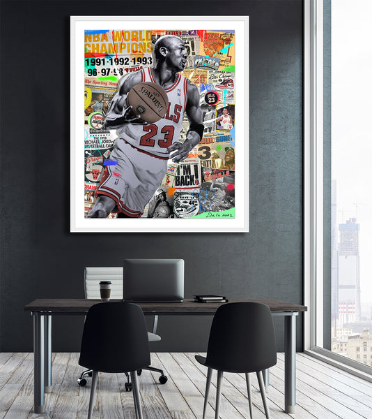 King of Pop Art Nelson De La Nuez Air Jordan  Mixed Media Framed Signed Michael Jordan Sports Basketball Chicago Bulls NBA