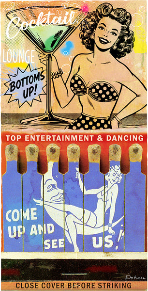 king of pop art nelson de la nuez bottoms up cocktail lounge matchbook print pinup martini bar