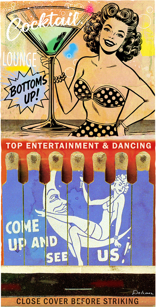 king of pop art nelson de la nuez bottoms up cocktail lounge matchbook print pinup martini bar