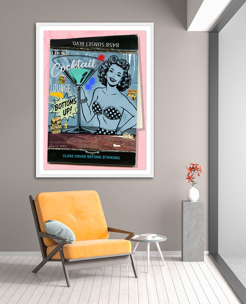 King of Pop Art Nelson De La Nuez Bottoms Up Mixed Media Framed Signed Cocktail Lounge Pinup Girl Martini Bar
