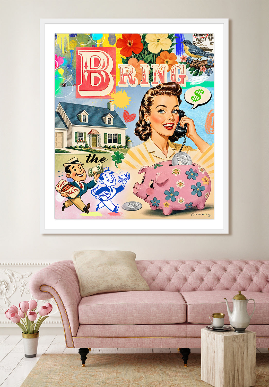 bring home the bacon mixed media money nelson de la nuez pop art contemporary artist framed wealth wall street