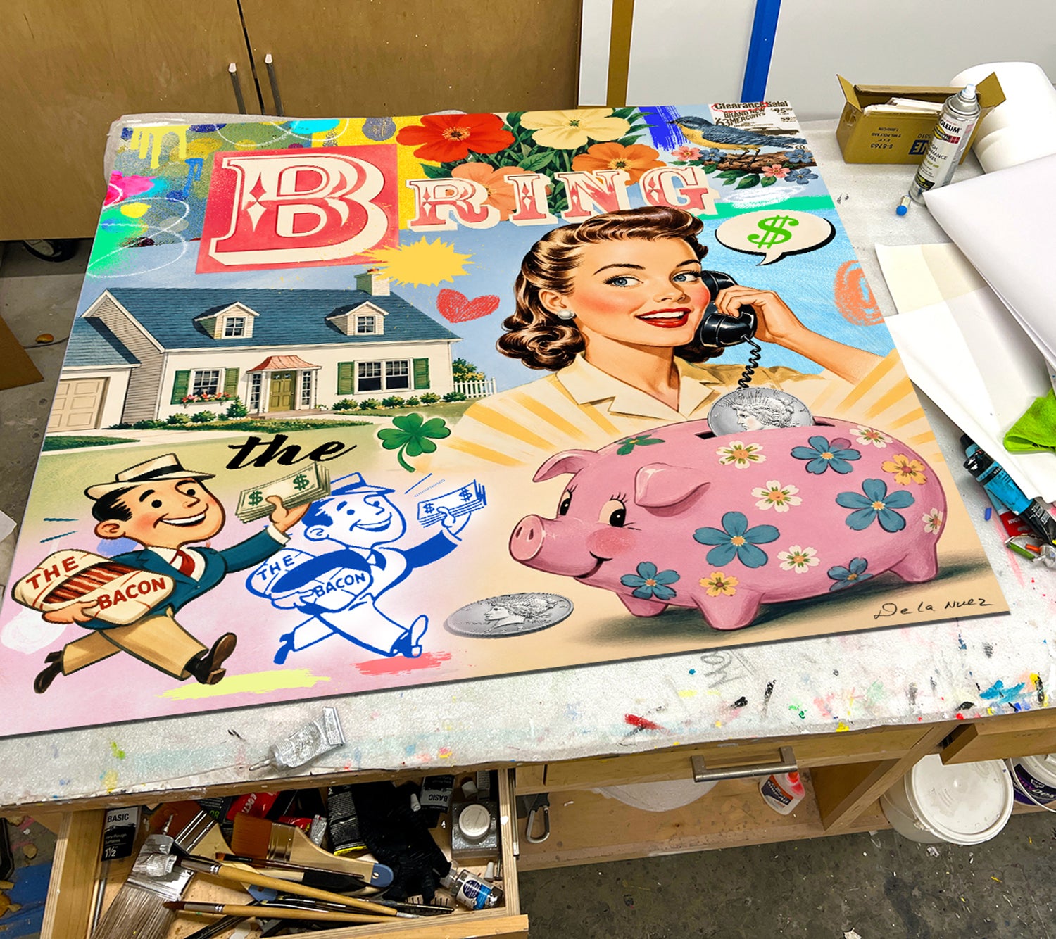 bring home the bacon mixed media money nelson de la nuez pop art contemporary artist framed wealth wall street art studio