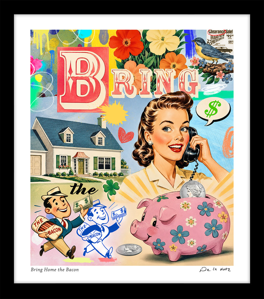king of pop art nelson de la nuez bring home the bacon breakfast piggy bank cash money finance