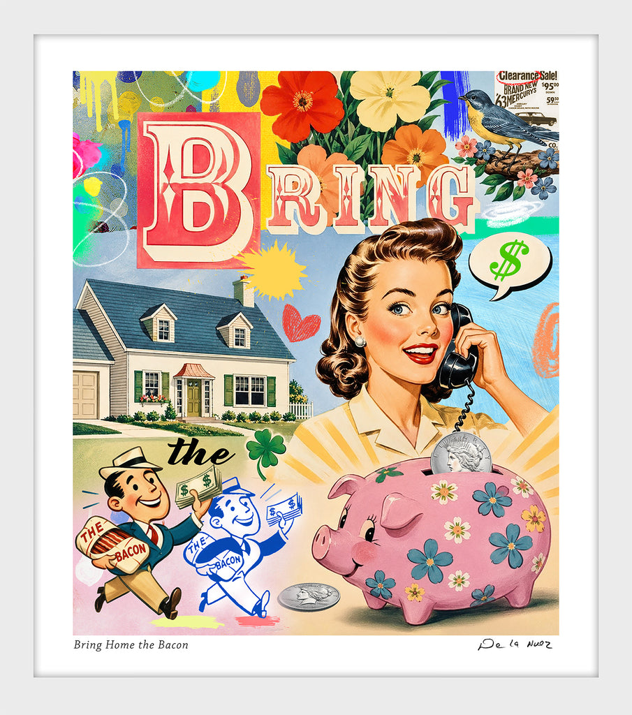 king of pop art nelson de la nuez bring home the bacon breakfast piggy bank cash money finance