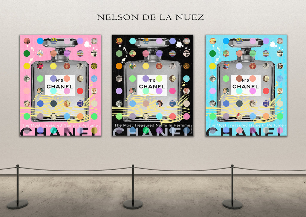 king of pop art, nelson de la nuez, chanel, luxury, art, Chanel #5, pink resin on wood, chanel fashion interior design wall