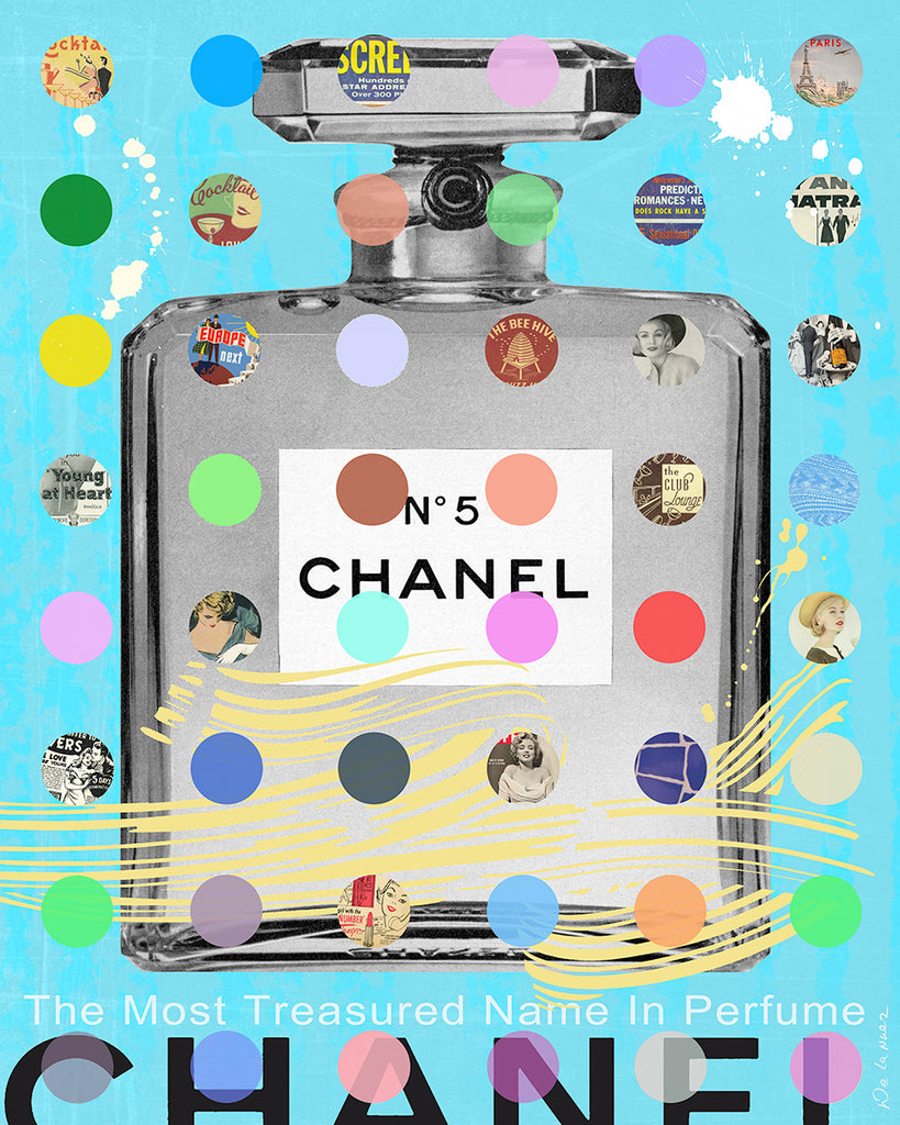 king of pop art, nelson de la nuez, chanel, luxury, art, Chanel #5, blue resin on wood, chanel fashion interior design