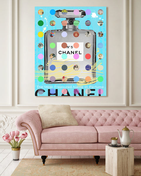 king of pop art, nelson de la nuez, chanel, luxury, art, Chanel #5, blue resin on wood, chanel fashion interior design