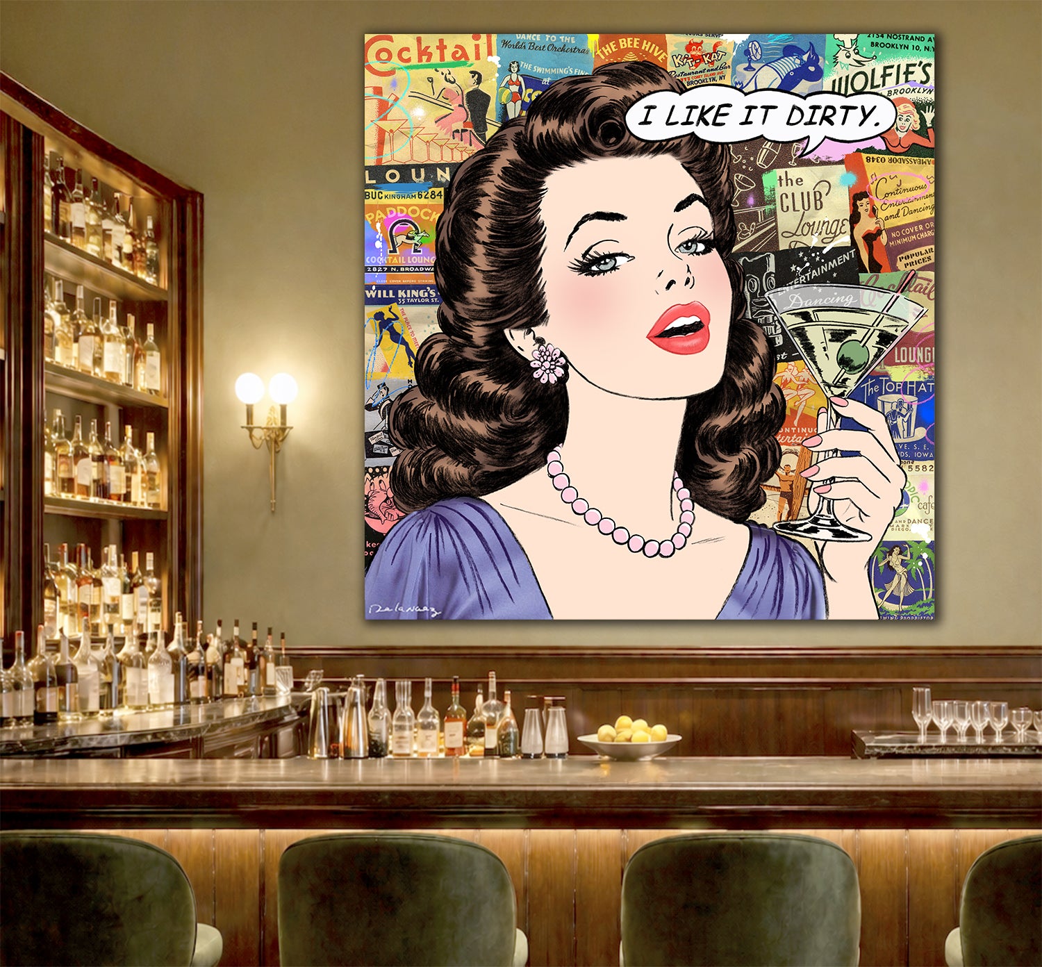 king of pop art nelson de la nuez dirty girl print martini cocktail olives vodka material girl original canvas painting
