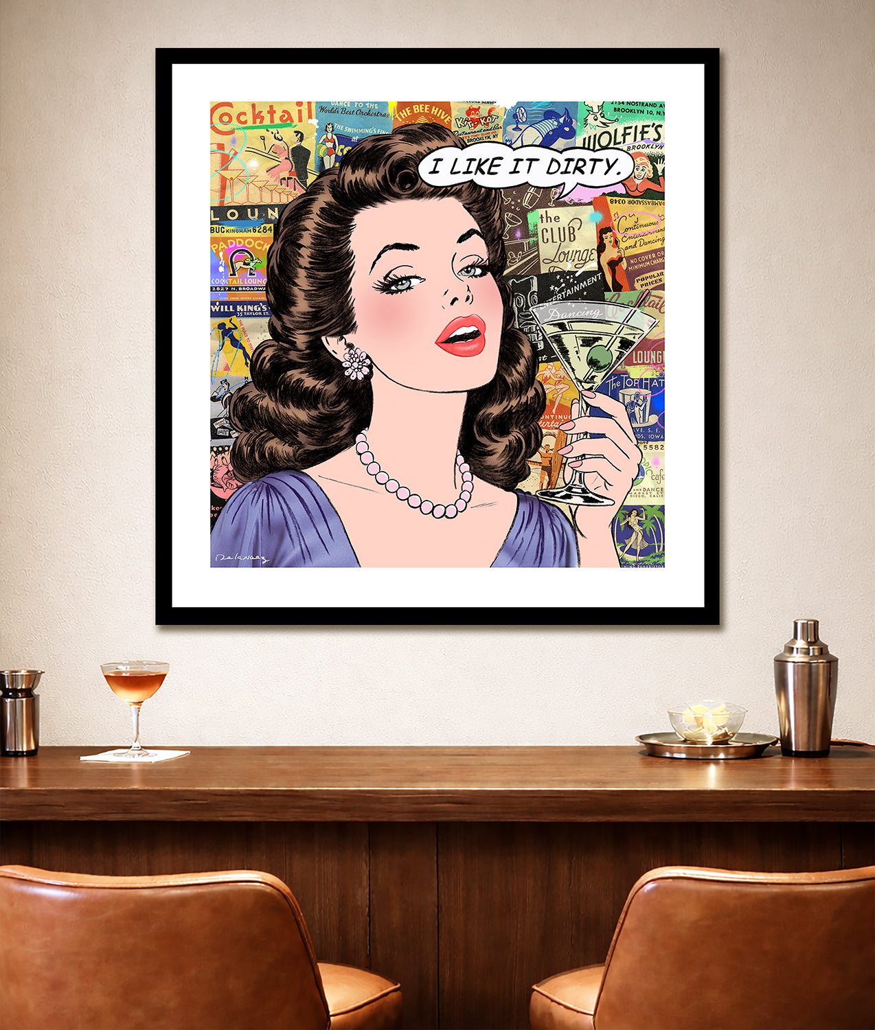 king of pop art nelson de la nuez dirty girl print martini cocktail olives vodka material girl