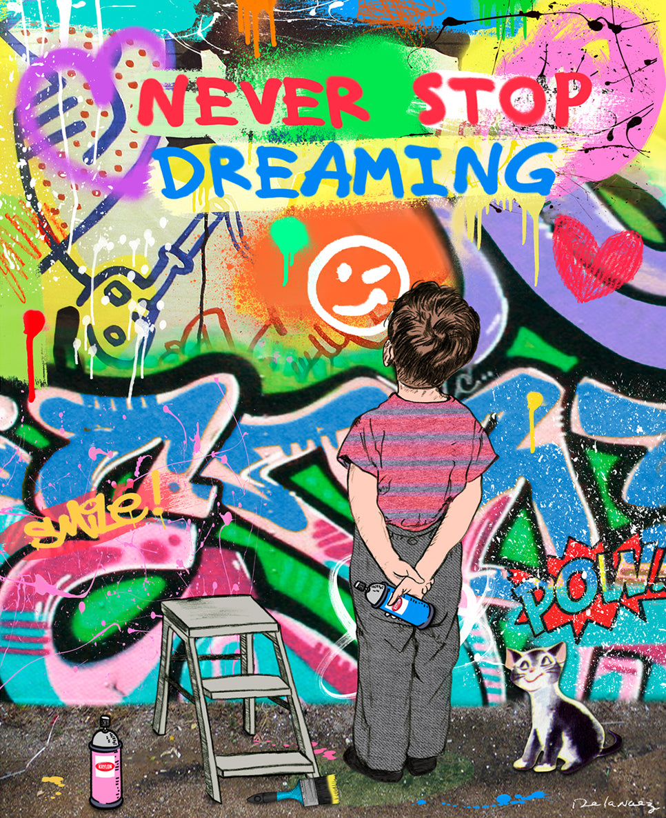 king of pop art nelson de la nuez dream big graffiti spray paint mixed media sketch