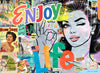 nelson de la nuez pop art contemporary art king of pop art enjoy life travel champagne europe fashion  Collage with vintage magazine covers and colorful text 'ENJOY life' on a multicolored background.