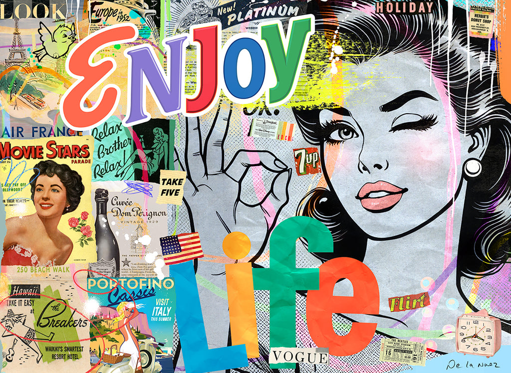 nelson de la nuez pop art contemporary art king of pop art enjoy life travel champagne europe fashion  Collage with vintage magazine covers and colorful text 'ENJOY life' on a multicolored background.