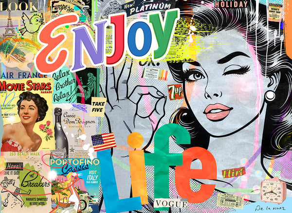 nelson de la nuez pop art contemporary art king of pop art enjoy life travel champagne europe fashion  Collage with vintage magazine covers and colorful text 'ENJOY life' on a multicolored background.