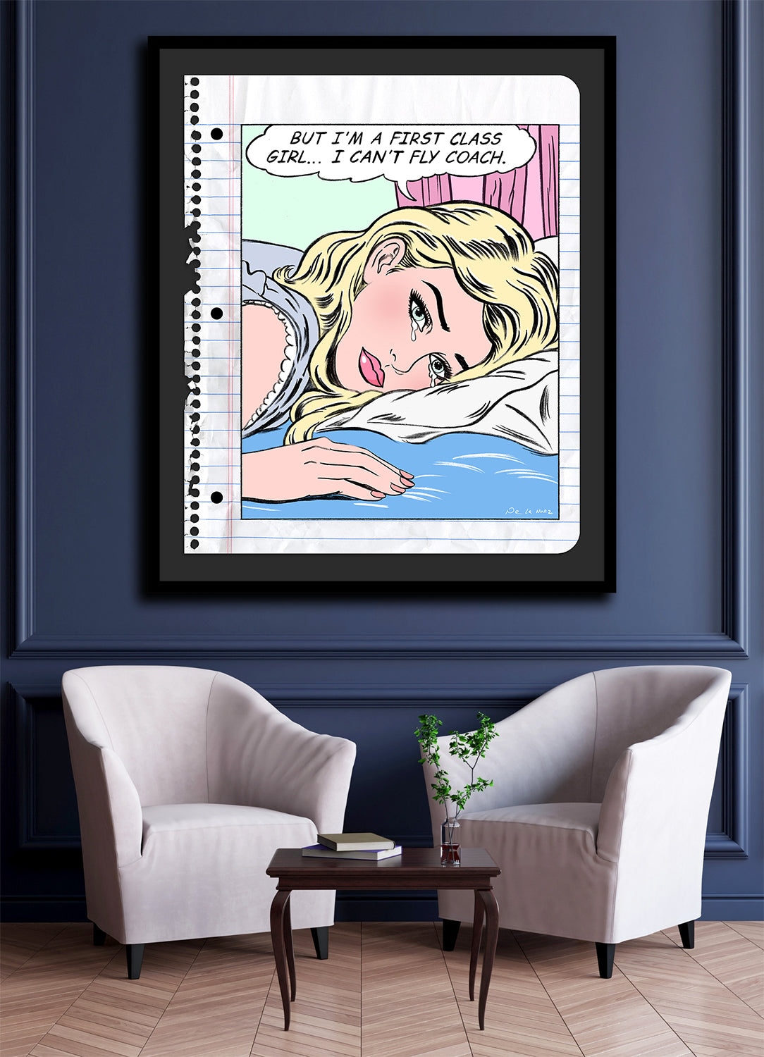 king of pop art nelson de la nuez first class girl framed mixed media material girl travel flying airline airplane private jet luxury