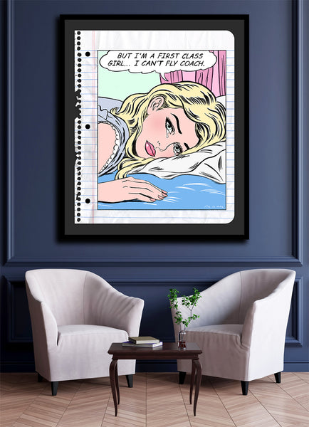 king of pop art nelson de la nuez first class girl framed mixed media material girl travel flying airline airplane private jet luxury